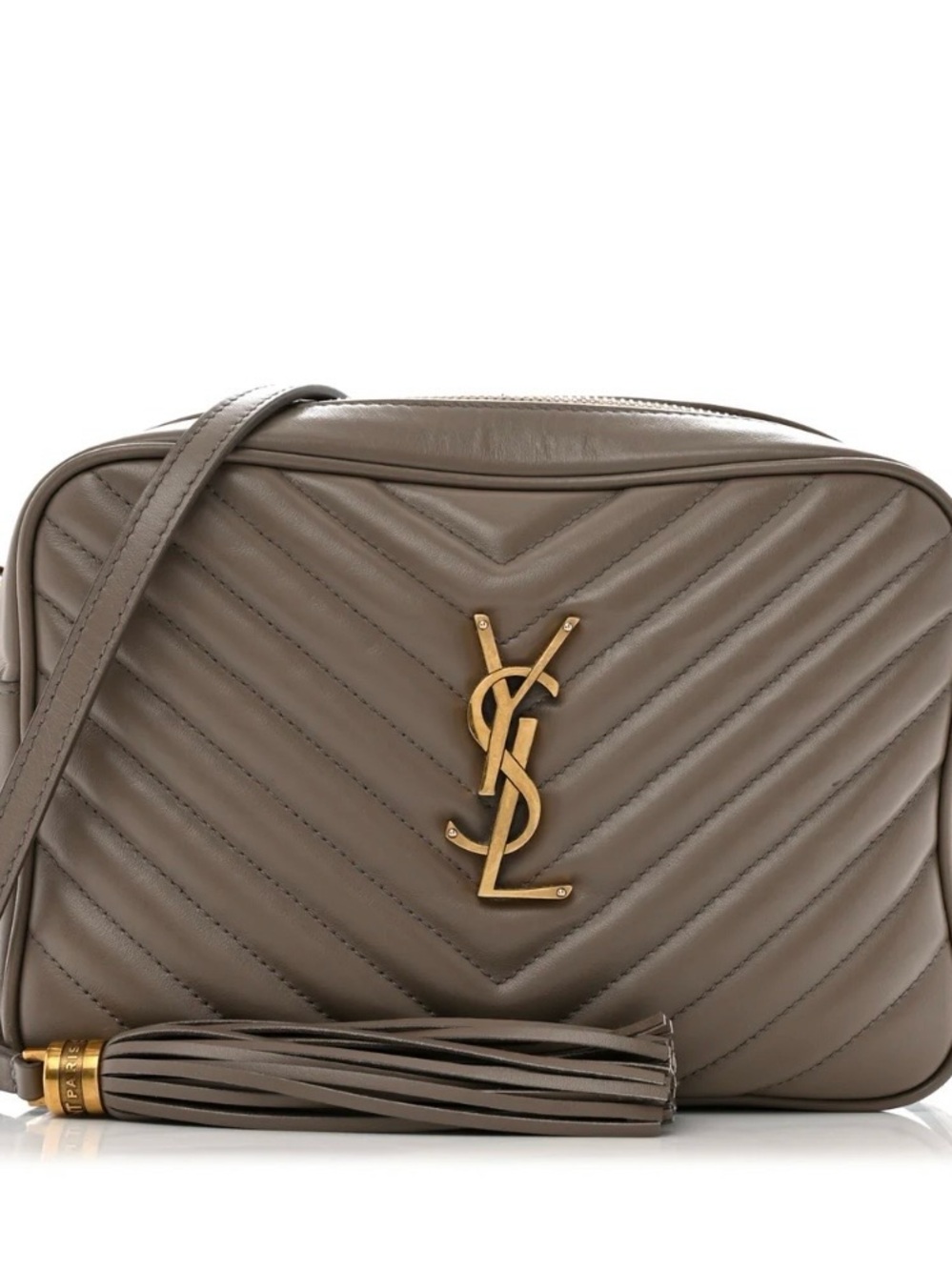 Saint Laurent Taupe Matelassé Lou Leather Camera Bag with Tassel